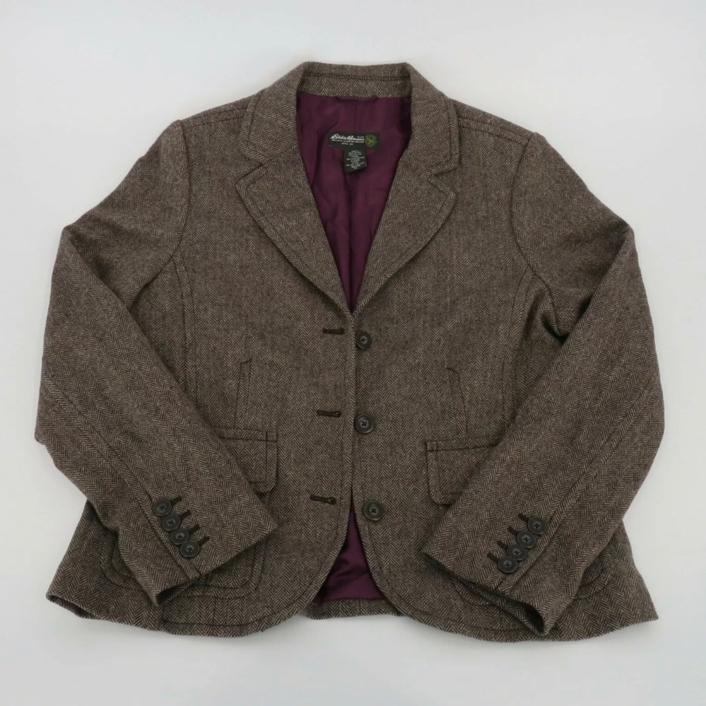 Eddie Bauer Women's Brown Herringbone 3 Button Blazer Wool Blend Size 6